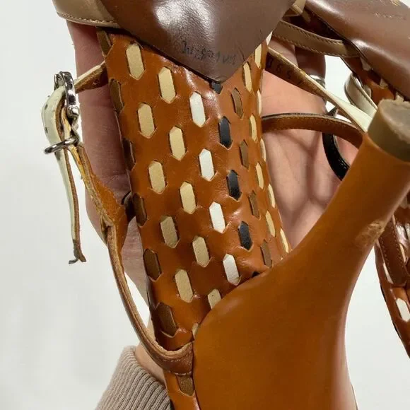 Salvatore Ferragamo Brown and Cream Strappy Heels - Picture 5 of 11